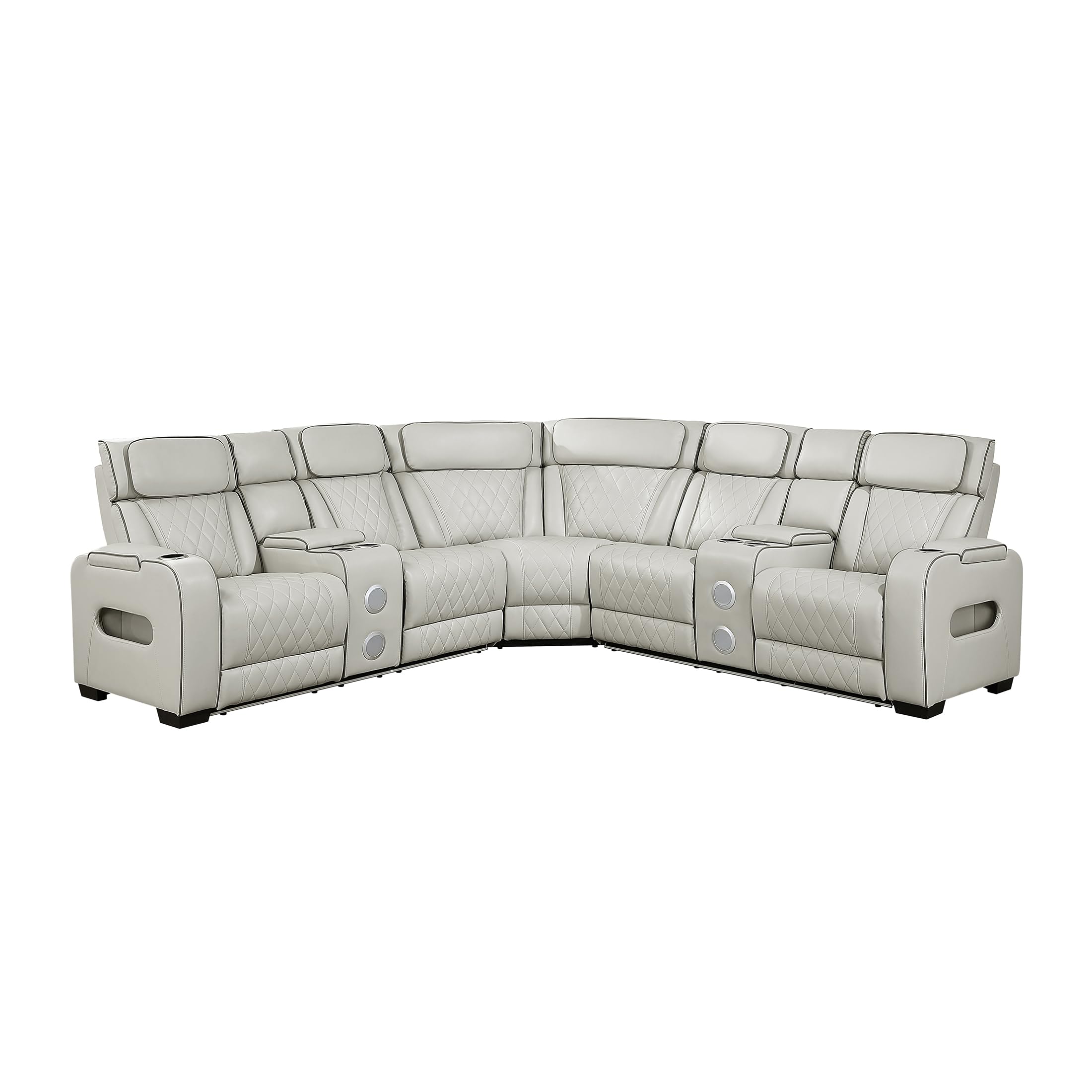 Lexicon 118" Power Reclining Sectional Sofa, Wall Hugger, 2 Recliner Seats, 2 Storage Arms, 2 Console Cup Holders, Power Headrests, Charging Ports, Wireless Speakers, LED Lighting, Faux Leather Taupe - Image 14