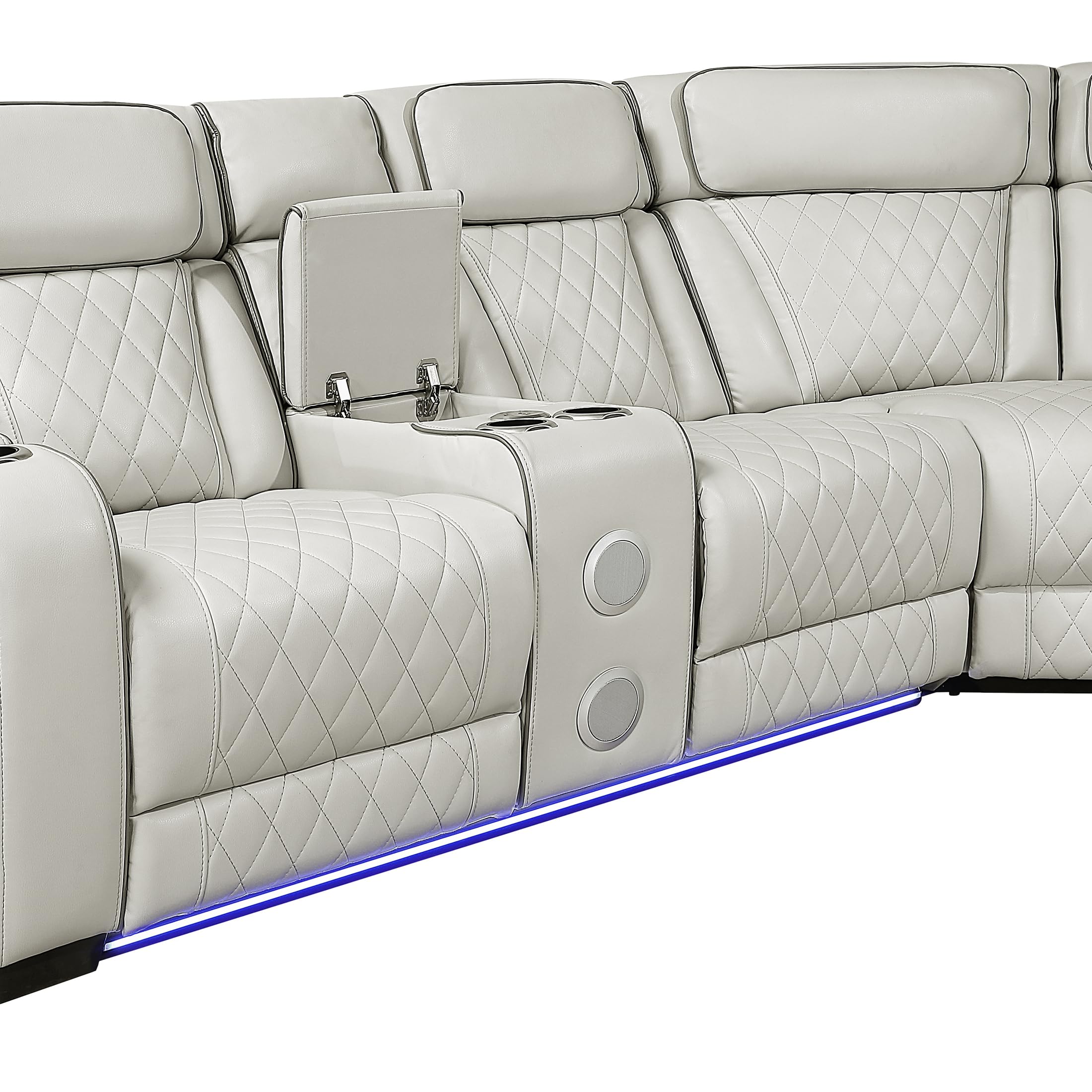 Lexicon 118" Power Reclining Sectional Sofa, Wall Hugger, 2 Recliner Seats, 2 Storage Arms, 2 Console Cup Holders, Power Headrests, Charging Ports, Wireless Speakers, LED Lighting, Faux Leather Taupe - Image 25