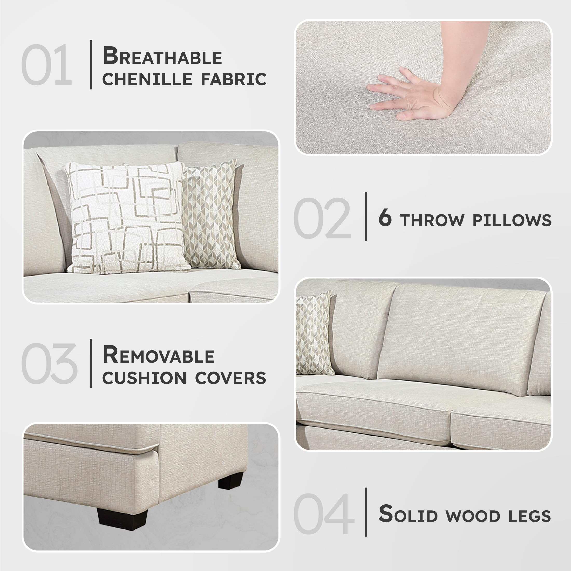 Lexicon 3-Piece Chenille Sectional Sofa with Reversible Cushions, Removable Cushion Covers, 6 Accent Pillows, 131 Inch Modern L-Shaped Sectional Couch for Living Room, 5 Seater, Beige - Image 3