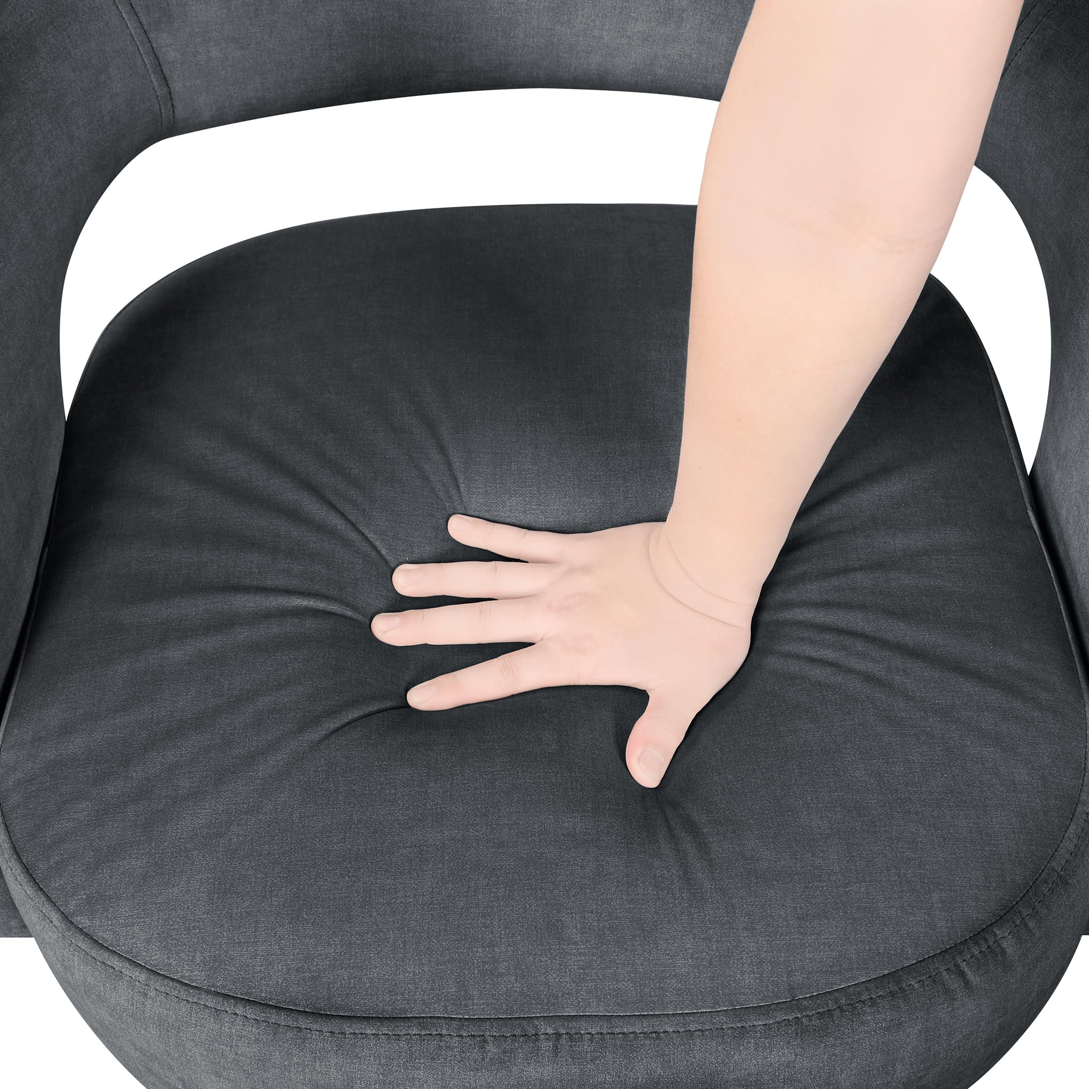 Lexicon 360 Degree Swivel Accent Chair, Modern Comfy Velvet Round Barrel Chair, Open Back, Plush Foam Cushions, Metal Swivel Base for Living Room, Bedroom or Office, Dark Gray - Image 8