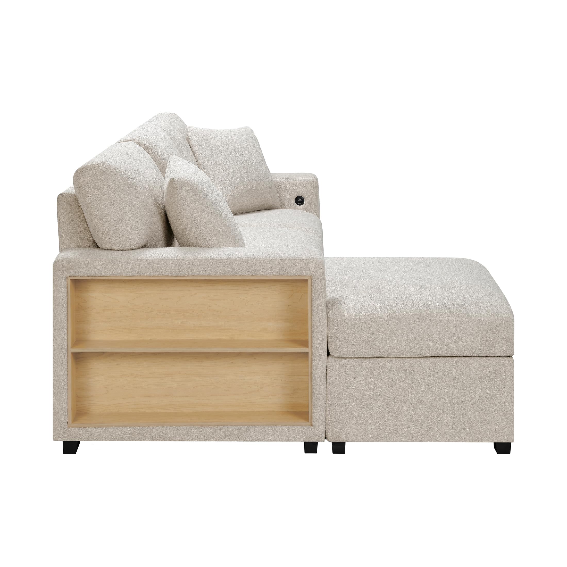 Lexicon 92.5" W L Shape Sectional Couch with Left Storage Chaise and Pull Out Sofa Bed, Sectional Sleeper Sofa with Memory Foam Seat Cushion, Charging Port, Storage Shelf for Living Room, Beige - Image 10