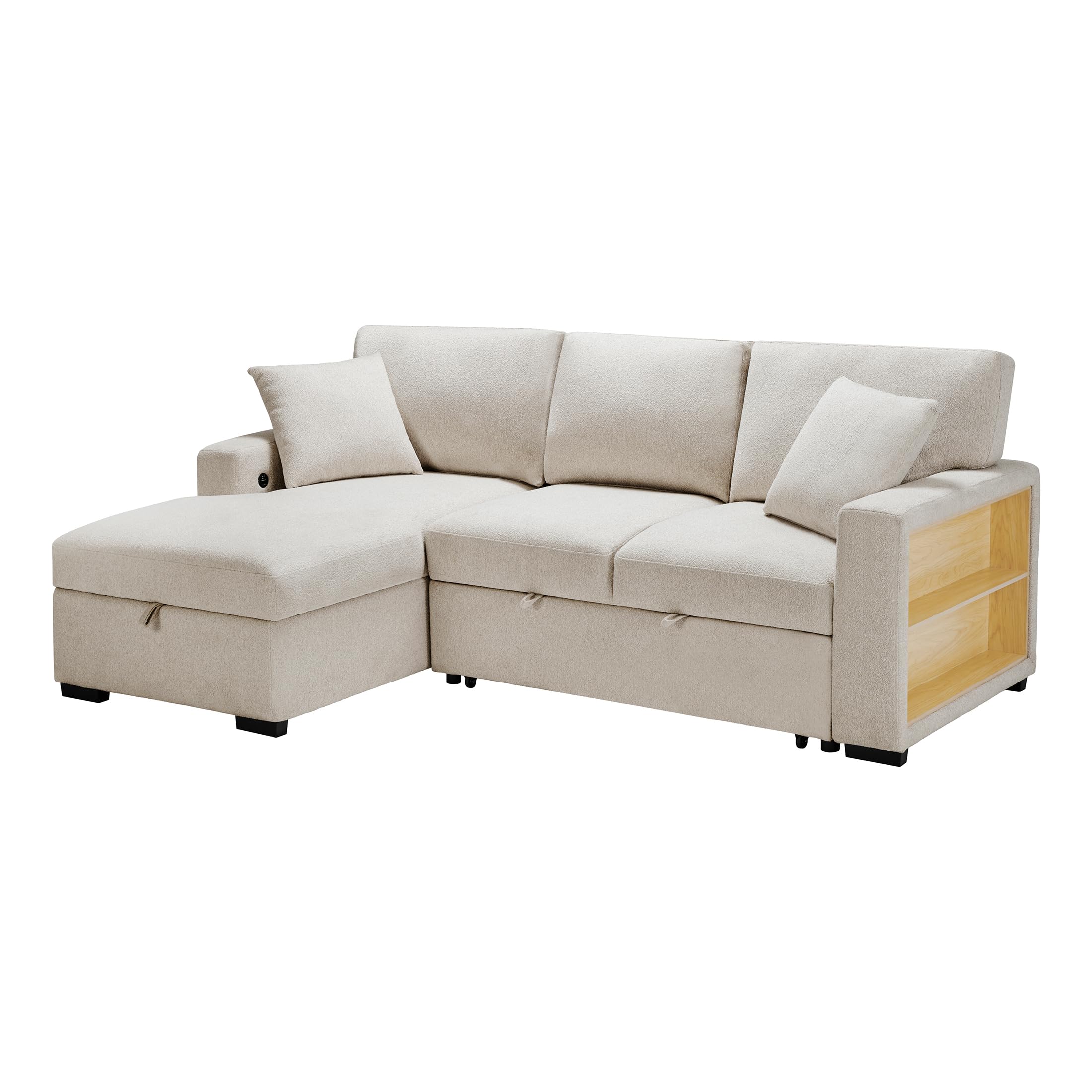 Lexicon 92.5" W L Shape Sectional Couch with Left Storage Chaise and Pull Out Sofa Bed, Sectional Sleeper Sofa with Memory Foam Seat Cushion, Charging Port, Storage Shelf for Living Room, Beige - Image 4