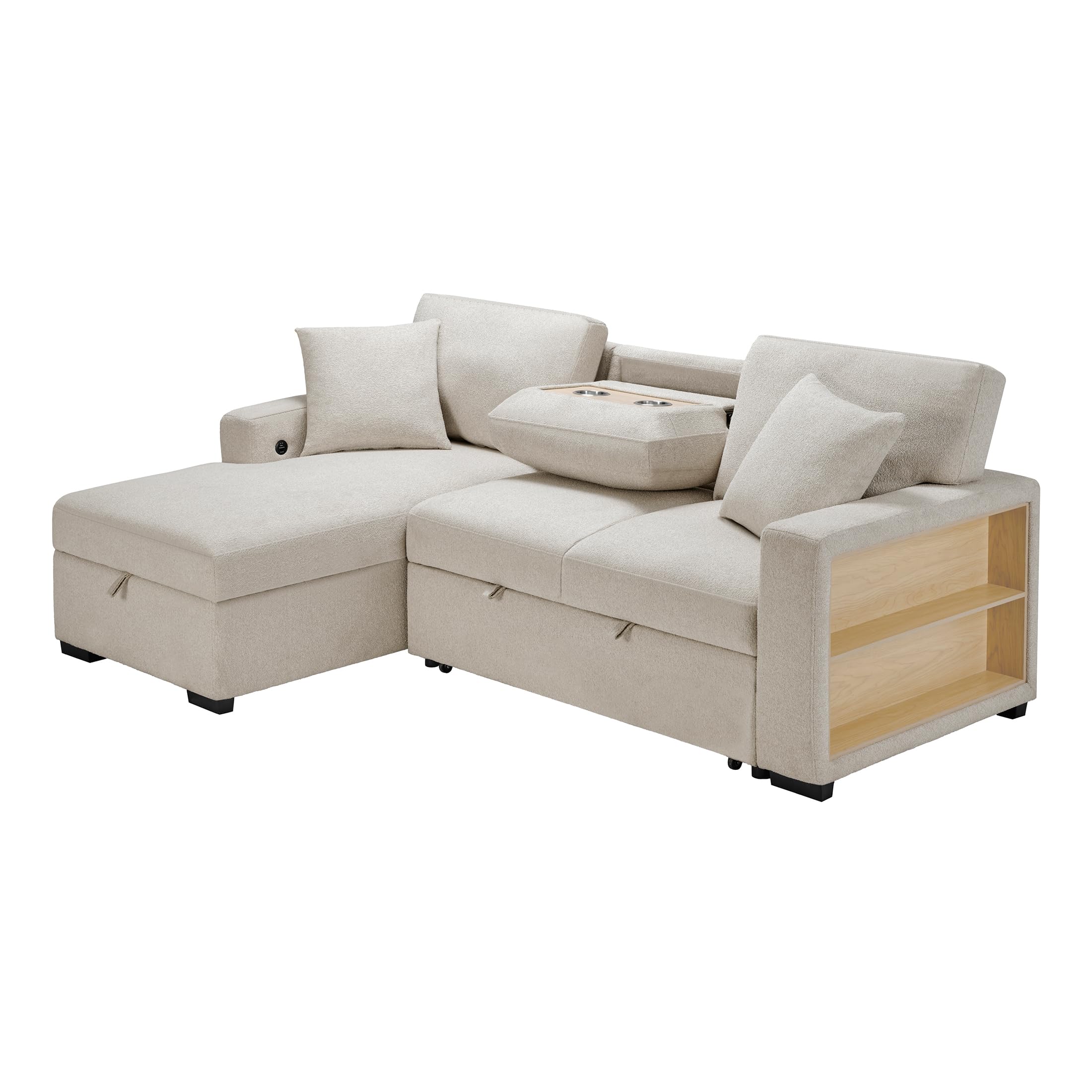 Lexicon 92.5" W L Shape Sectional Couch with Left Storage Chaise and Pull Out Sofa Bed, Sectional Sleeper Sofa with Memory Foam Seat Cushion, Charging Port, Storage Shelf for Living Room, Beige - Image 8
