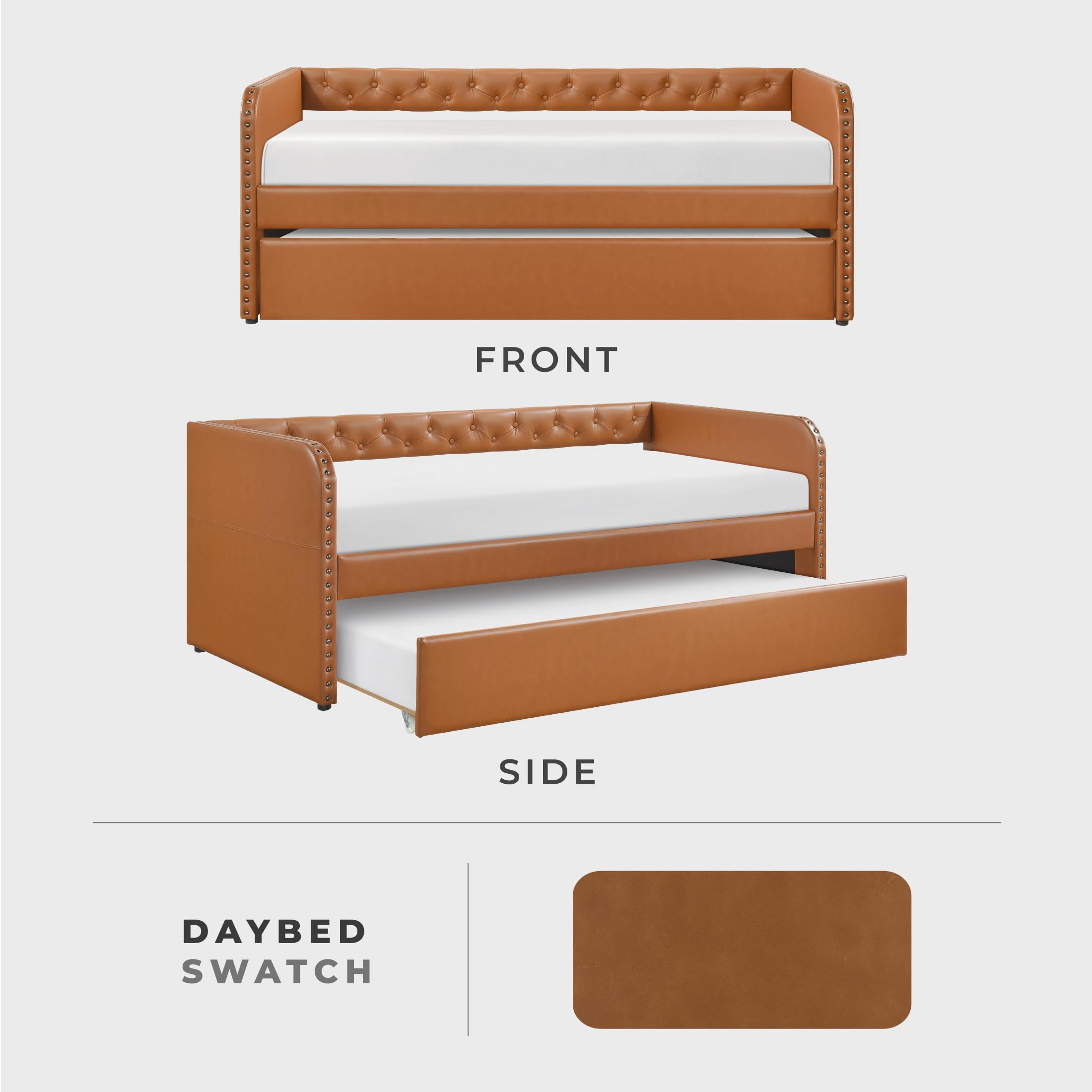 Lexicon Faux Leather Daybed with Trundle, Solid Wood Frame, Nailhead Trim, Wood Slat Support, Button Tufted Trundle Day Bed Sofa Bed for Bedroom/Guest Room, No Box Spring Needed, Twin, Matte Brown - Image 4