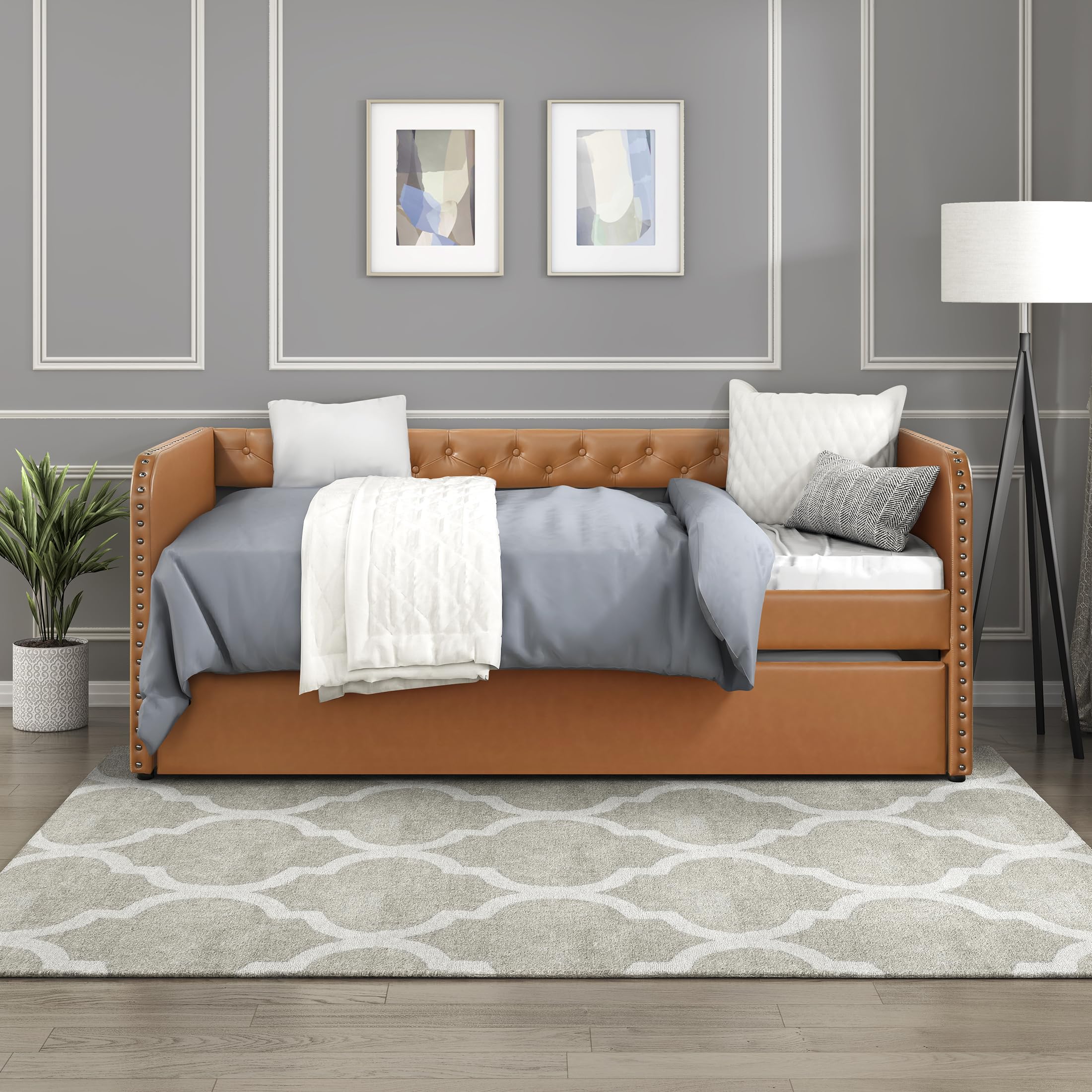Lexicon Faux Leather Daybed with Trundle, Solid Wood Frame, Nailhead Trim, Wood Slat Support, Button Tufted Trundle Day Bed Sofa Bed for Bedroom/Guest Room, No Box Spring Needed, Twin, Matte Brown - Image 5