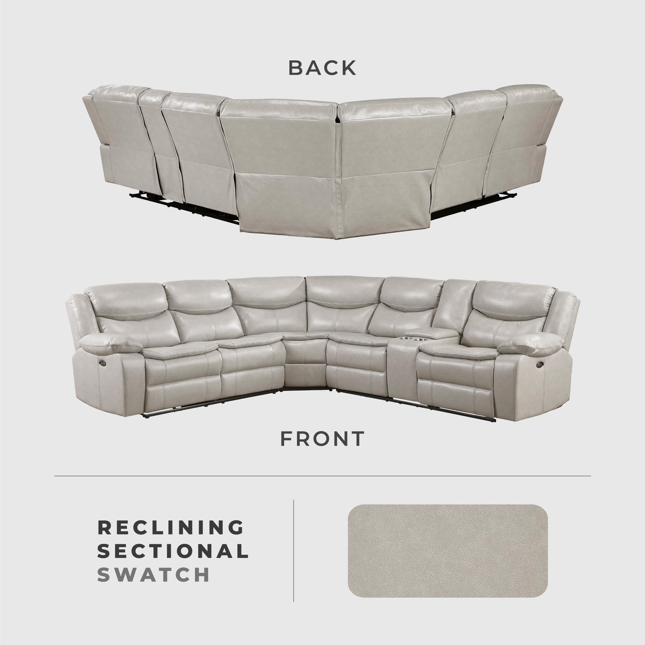Lexicon L-Shaped Power Reclining Sectional Couch, Faux Leather Reclining Sectional Sofa, 3 Recliners, Wall Hugger, Right Storage Console, Cup Holders, Receptacles, Charging Ports, Silver Gray - Image 5