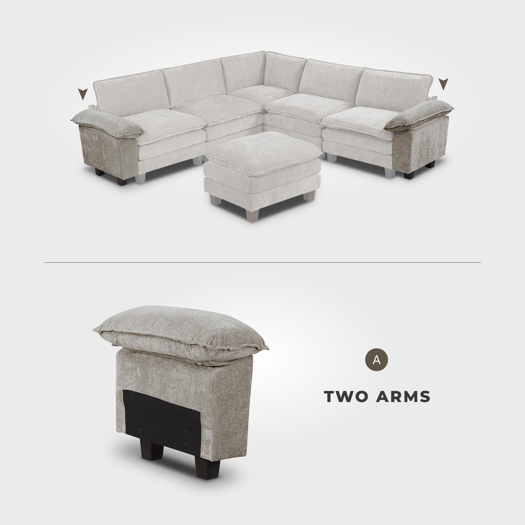 Lexicon Modular Sectional Sofa, Module for Sectional Couch, 2 Arms with Adjustable Pillow Top Set, Left and Right Sofa Arm, Soft Upholstery, Durable Frame, Customizable Comfort, Chenille Dark Pewter - Image 5
