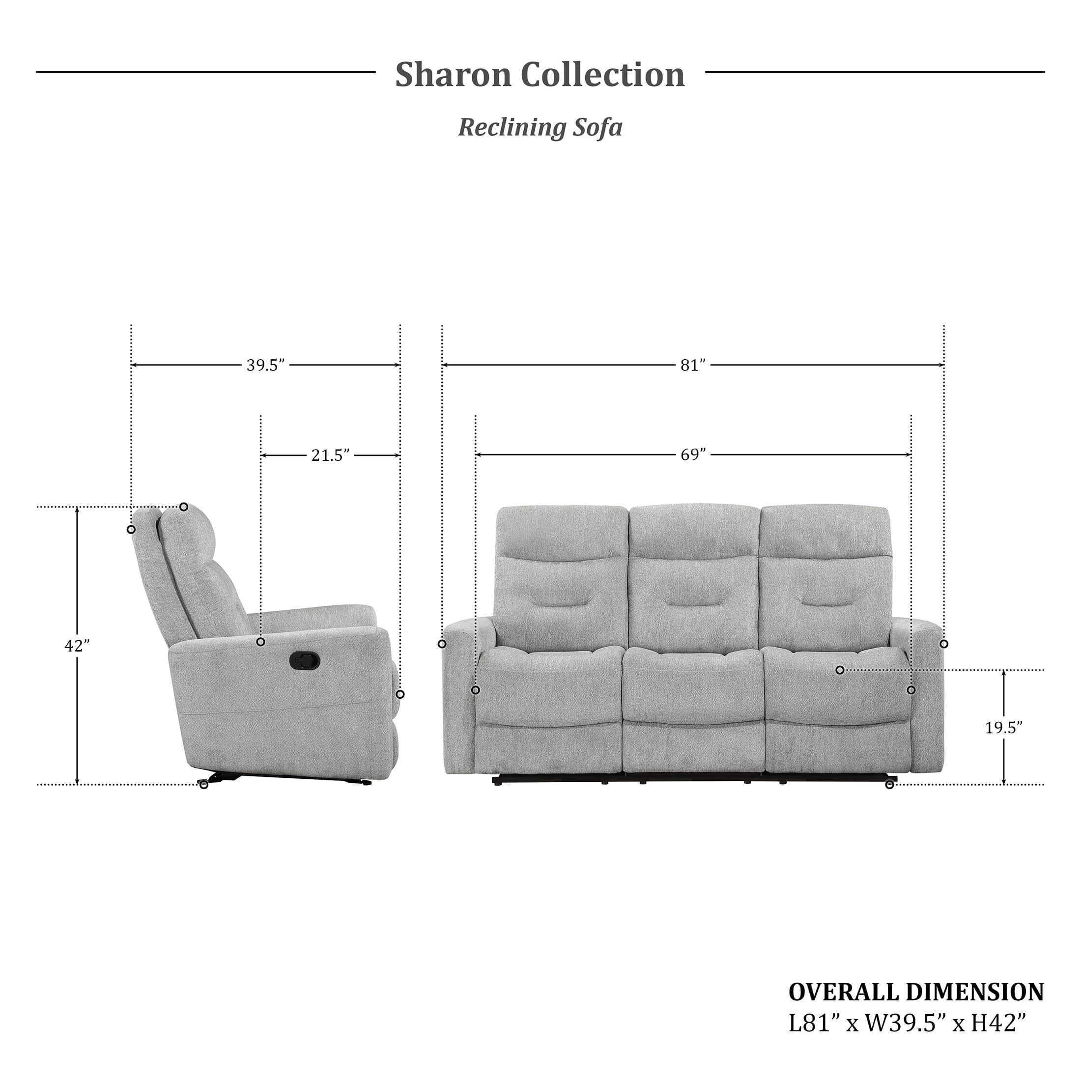 Lexicon Recliner Sofa for Living Room, Double Recliner RV Couch, Manual Wall Hugger Recliner Home Theater Seating Chenille Reclining Sofa, 81''W Sofa, Grey - Image 3