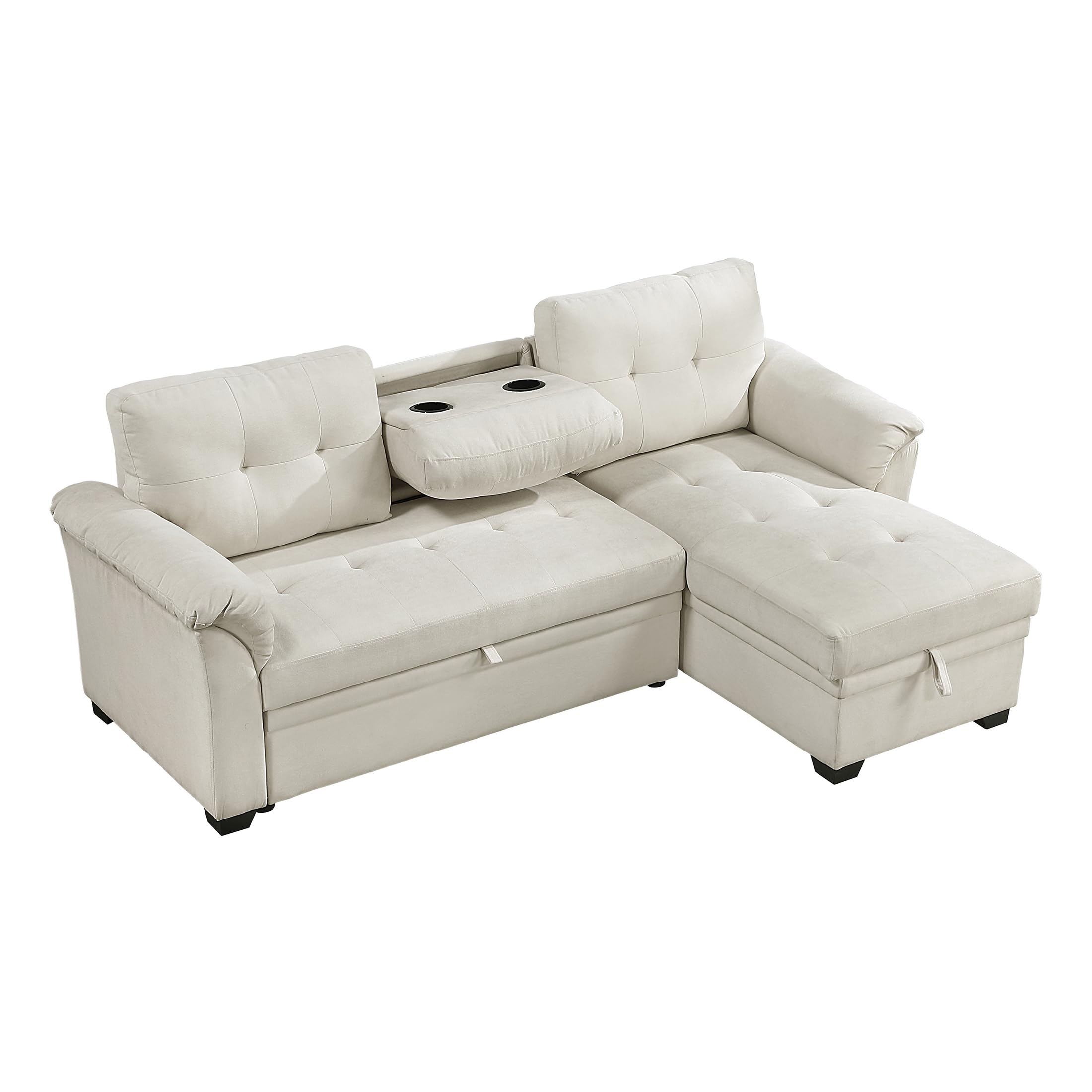 Lexicon Sectional Sleeper Sofa with Reversible Storage Chaise, Pull-Out Bed, Drop-Down Cup Holders, 3-Seater Tufted L-Shaped Sofa Bed, Comfy Fabric Pull Out Couch for Living Room/Apartment, Beige - Image 14